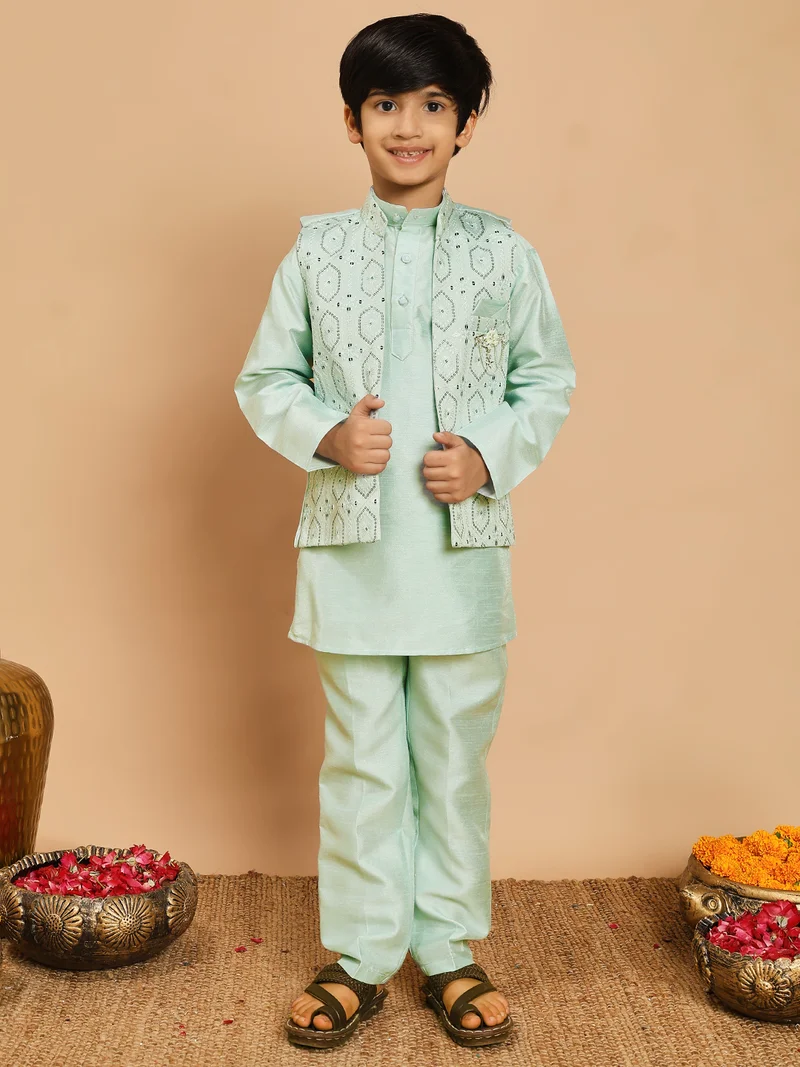 BT DEZINES Aqua Blue Kurta, Shrug and Trousers Set for Boys